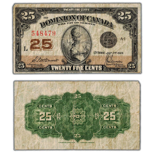 SOLD 25 Cents 1923 Dominion of Canada Shinplaster Note DC-24c - Fine (hole/tear)