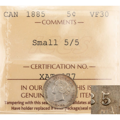 Canada 1885 Small 5/5 5 Cents Silver Coin - ICCS VF-30