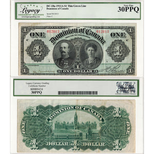 $1 1911 Dominion of Canada Note Green Line Series A DC-18a - Legacy VF-30 PPQ