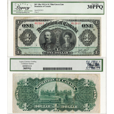 $1 1911 Dominion of Canada Note Green Line Series A DC-18a - Legacy VF-30 PPQ