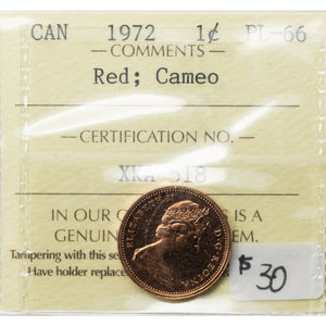 SOLD Canada 1972 1 Small Cent Coin - ICCS PL-66 Red Cameo