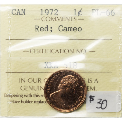 Canada 1972 1 Small Cent Coin - ICCS PL-66 Red Cameo