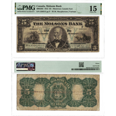$5 1912 Molsons Bank Canada Chartered Note #490-32-02 - PMG F-15