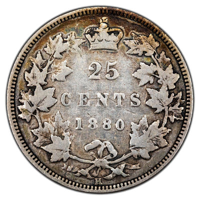Canada 1880-H Narrow 0 25 Cents Quarter Silver Coin - Very Good (hairlines)