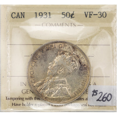 SOLD Canada 1931 50 Cents Half Dollar Silver Coin - ICCS VF-30