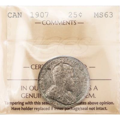 SOLD Canada 1907 25 Cents Quarter Silver Coin - ICCS MS-63