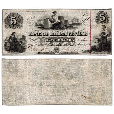 United States 1854 Bank of Milledgeville $5 Five Dollars Obsolete Note - VF