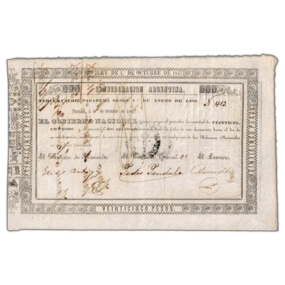SOLD Argentina Confederacion 1857 (1859) 25 Pesos Note - About EF