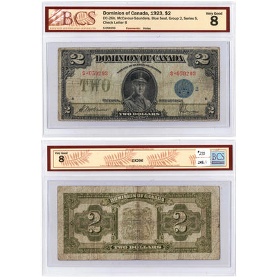 SOLD $2 1923 Dominion of Canada Note Blue Seal Series S DC-26h - BCS VG-8