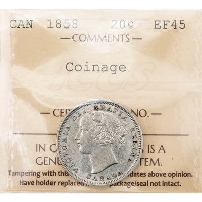 SOLD Canada 1858 20 Cents Silver Coin One Year Type! - ICCS EF-45