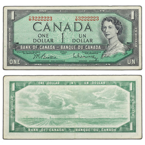 SOLD $1 1954 Bank of Canada Note Y/M Prefix - 2 Digit Radar Near Solid 3222223