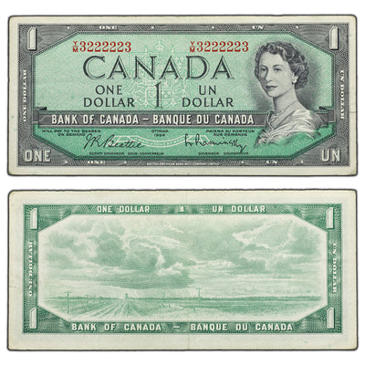 SOLD $1 1954 Bank of Canada Note Y/M Prefix - 2 Digit Radar Near Solid 3222223