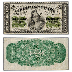 25 Cents 1870 Dominion of Canada Shinplaster Note Plain DC-1c - VF (minor pinholes)
