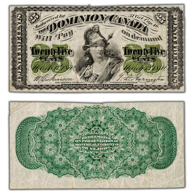 25 Cents 1870 Dominion of Canada Shinplaster Note Plain DC-1c - VF (minor pinholes)