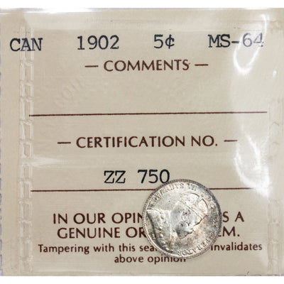Canada 1902 5 Cents Silver Coin - ICCS MS-64
