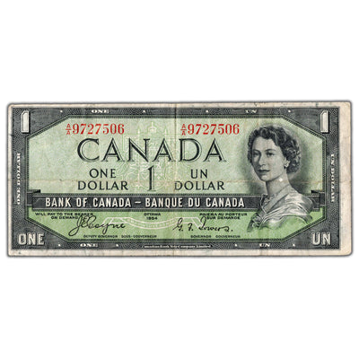 $1 1954 Bank of Canada Note Devil Face A/A Prefix BC-29a - VF