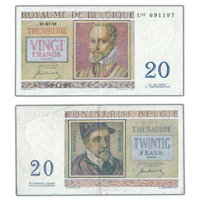SOLD Belgium 1950 20 Francs Note P #132b - VF+