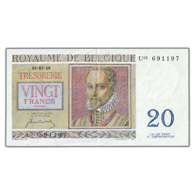 SOLD Belgium 1950 20 Francs Note P #132b - VF+