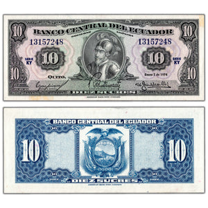 SOLD Ecuador 1974 10 Ten Sucres Note P #114b - Abt. AU (tape)