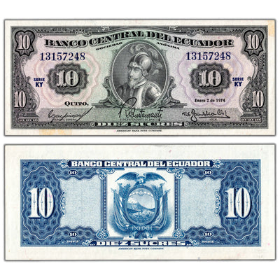 Ecuador 1974 10 Ten Sucres Note P #114b - Abt. AU (tape)