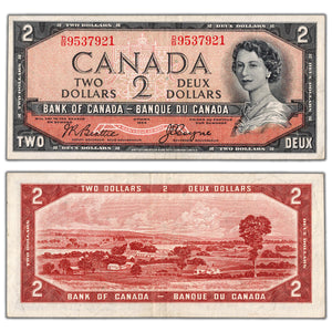 SOLD $2 1954 Bank of Canada Note Devil Face D/B Changeover Prefix BC-30b - VF/EF