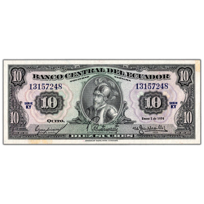Ecuador 1974 10 Ten Sucres Note P #114b - Abt. AU (tape)