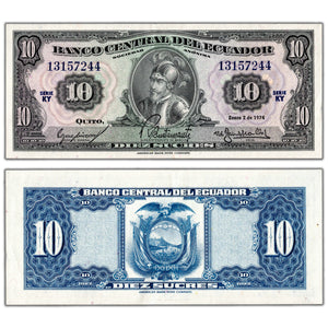 SOLD Ecuador 1974 10 Ten Sucres Note P #114b - Abt. AU
