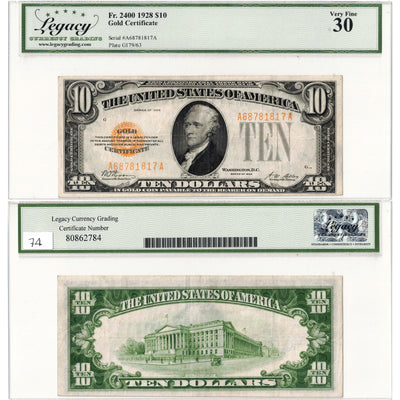 United States 1928 $10 Gold Certificate Note Fr. 2400 - Legacy VF-30