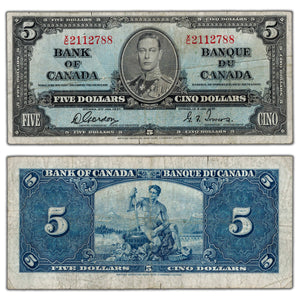 SOLD $5 1937 Bank of Canada Note Gordon-Towers X/C Prefix BC-23b - Two Small Tears