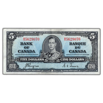SOLD $5 1937 Bank of Canada Note Coyne-Towers B/S Prefix BC-23c - EF