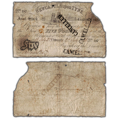 Great Britain 1836 Newcastle upon Tyne 5 Pounds Cancelled Note - Missing Corner Piece