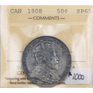 SOLD Canada 1908 50 Cents Half Dollar Silver Coin - ICCS Specimen SP-63