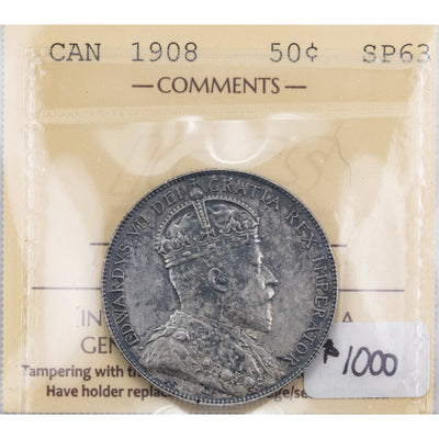 SOLD Canada 1908 50 Cents Half Dollar Silver Coin - ICCS Specimen SP-63