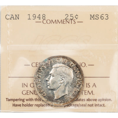 Canada 1948 25 Cents Quarter Silver Coin - ICCS MS-63