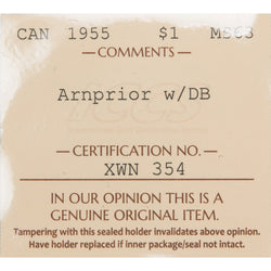 Canada 1955 Arnprior w/Die Break $1 Silver Dollar Coin - ICCS MS-63