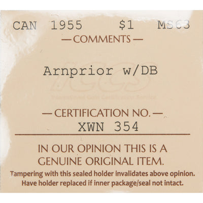 SOLD Canada 1955 Arnprior w/Die Break $1 Silver Dollar Coin - ICCS MS-63