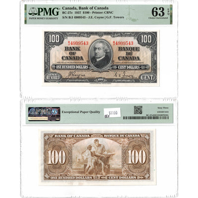 SOLD $100 1937 Bank of Canada Note Coyne-Towers B/J Prefix BC-27c - PMG UNC-63 EPQ