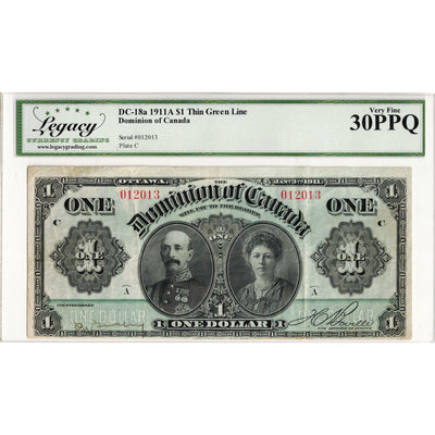 $1 1911 Dominion of Canada Note Green Line Series A DC-18a - Legacy VF-30 PPQ