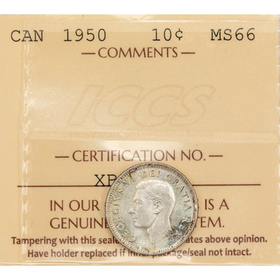 Canada 1950 10 Cents Dime Silver Coin - ICCS MS-66