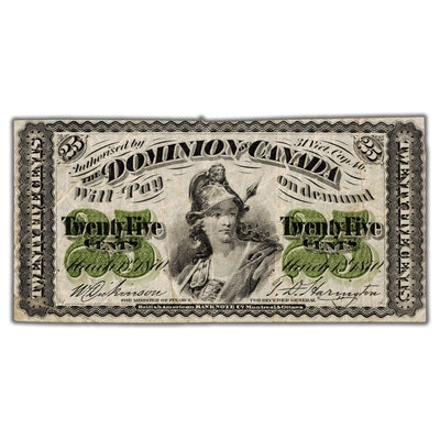 25 Cents 1870 Dominion of Canada Shinplaster Note Plain DC-1c - VF (minor pinholes)