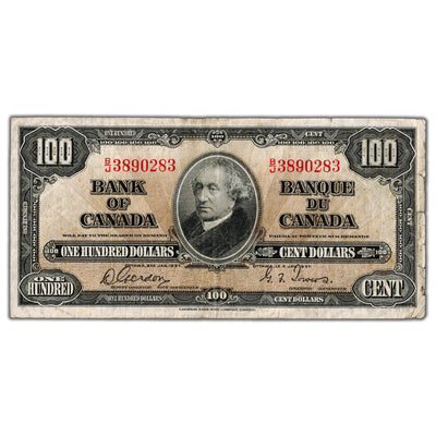 SOLD $100 1937 Bank of Canada Note Gordon-Towers B/J Prefix BC-27b - Minor Edge Tears