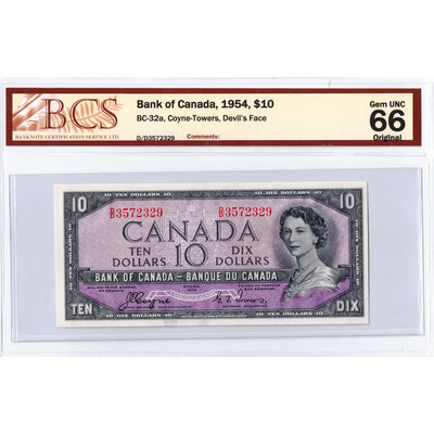 SOLD $10 1954 Bank of Canada Note Devil Face D/D Prefix BC-32a - BCS Gem UNC-66