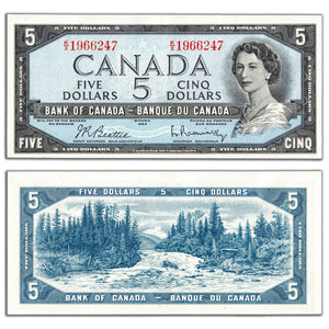 SOLD $5 1954 Bank of Canada Note Beattie-Rasminsky K/X Prefix BC-39b - EF/AU