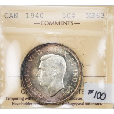 SOLD Canada 1940 50 Cents Half Dollar Silver Coin - ICCS MS-63