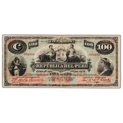 Peru 1879 100 Soles Note P #9 - Pinholes/Tears