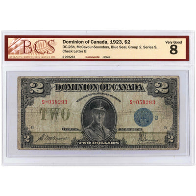 SOLD $2 1923 Dominion of Canada Note Blue Seal Series S DC-26h - BCS VG-8