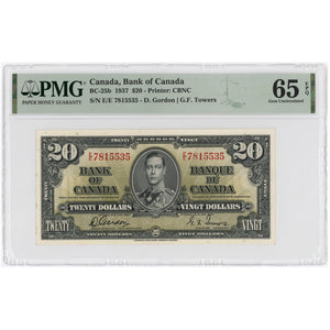 SOLD $20 1937 Bank of Canada Note Gordon-Towers E/E Prefix BC-25b - PMG UNC-65 EPQ