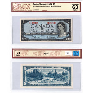 SOLD $5 1954 Bank of Canada Note Beattie-Rasminsky I/X Prefix BC-39b - BCS UNC-63