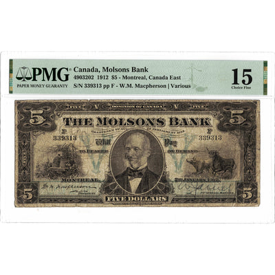 $5 1912 Molsons Bank Canada Chartered Note #490-32-02 - PMG F-15