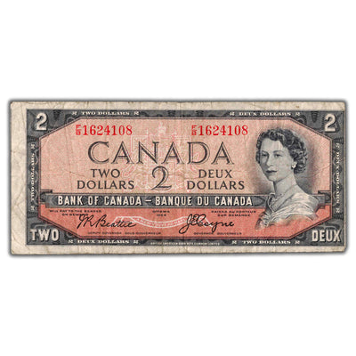 $2 1954 Bank of Canada Note Devil Face F/B Prefix BC-30b - Small Cutting Error